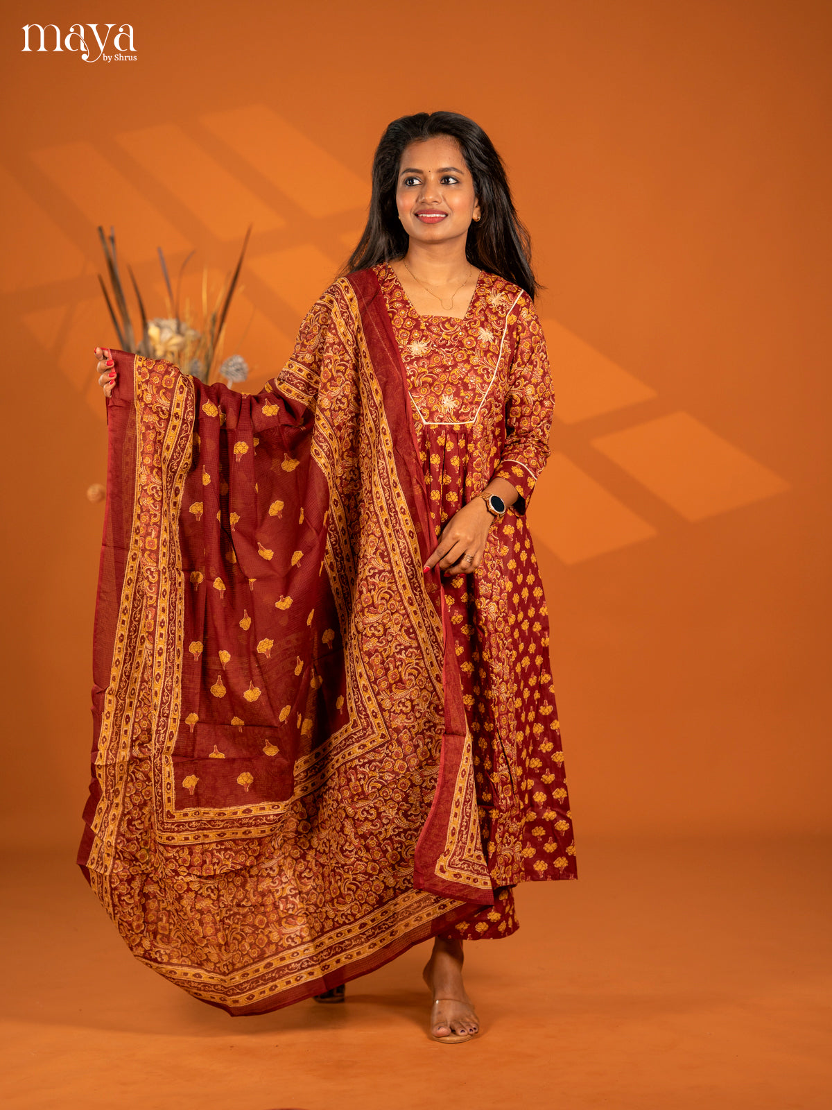 Maroon Cotton 3pc Salwar Suit with Floral Print - Top, Botton & Dupatta