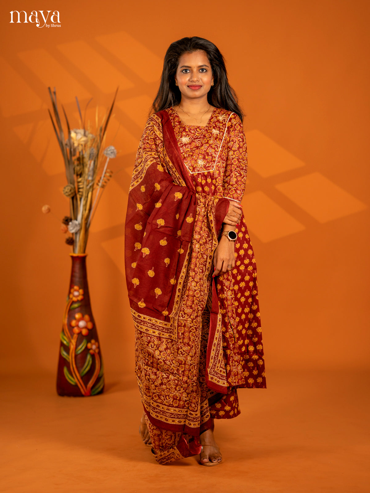 Maroon Cotton 3pc Salwar Suit with Floral Print - Top, Botton & Dupatta