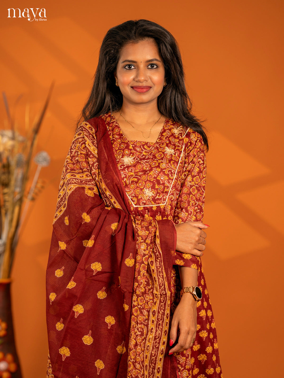 Maroon Cotton 3pc Salwar Suit with Floral Print - Top, Botton & Dupatta