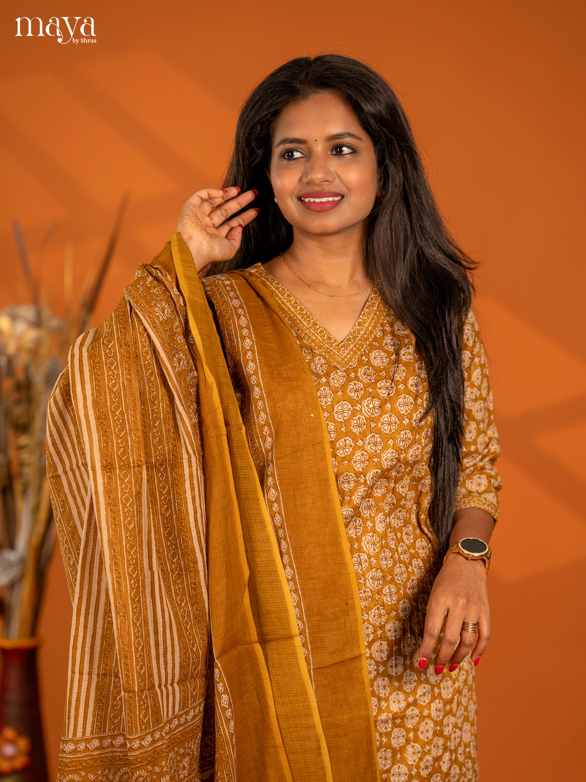 Mustard yellow Cotton 3pc Salwar Suit with Floral Print - Top, Bottom & Dupatta
