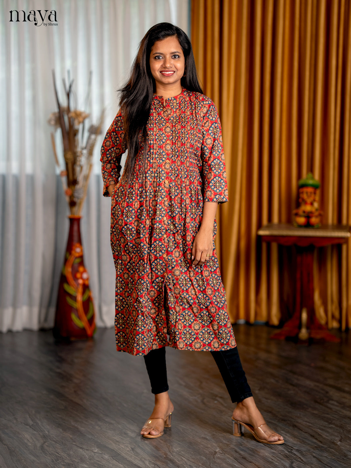 Maroon with Blue Floral Printed Cotton Anarkali A- Line Kurti