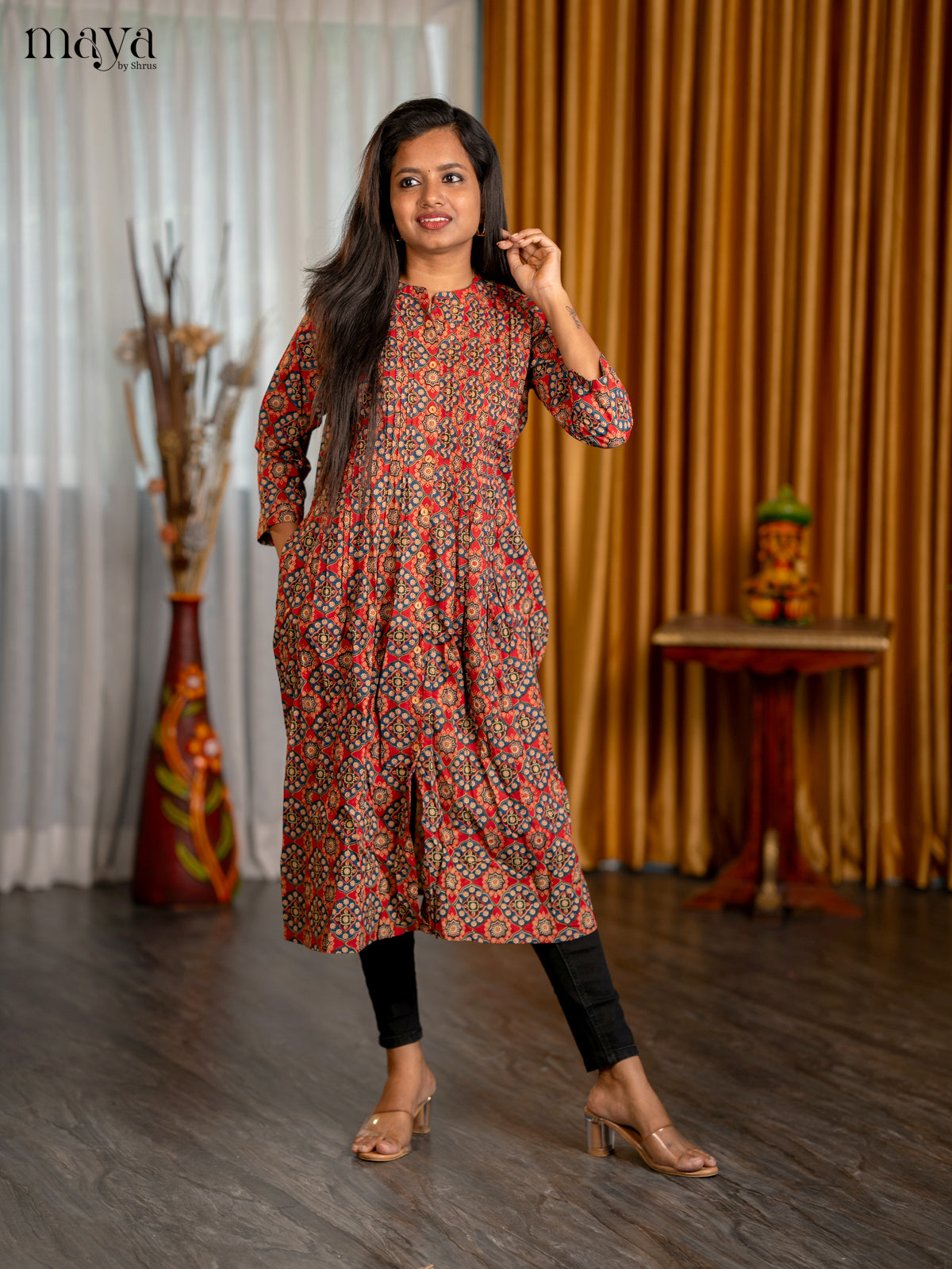 Maroon with Blue Floral Printed Cotton Anarkali A- Line Kurti