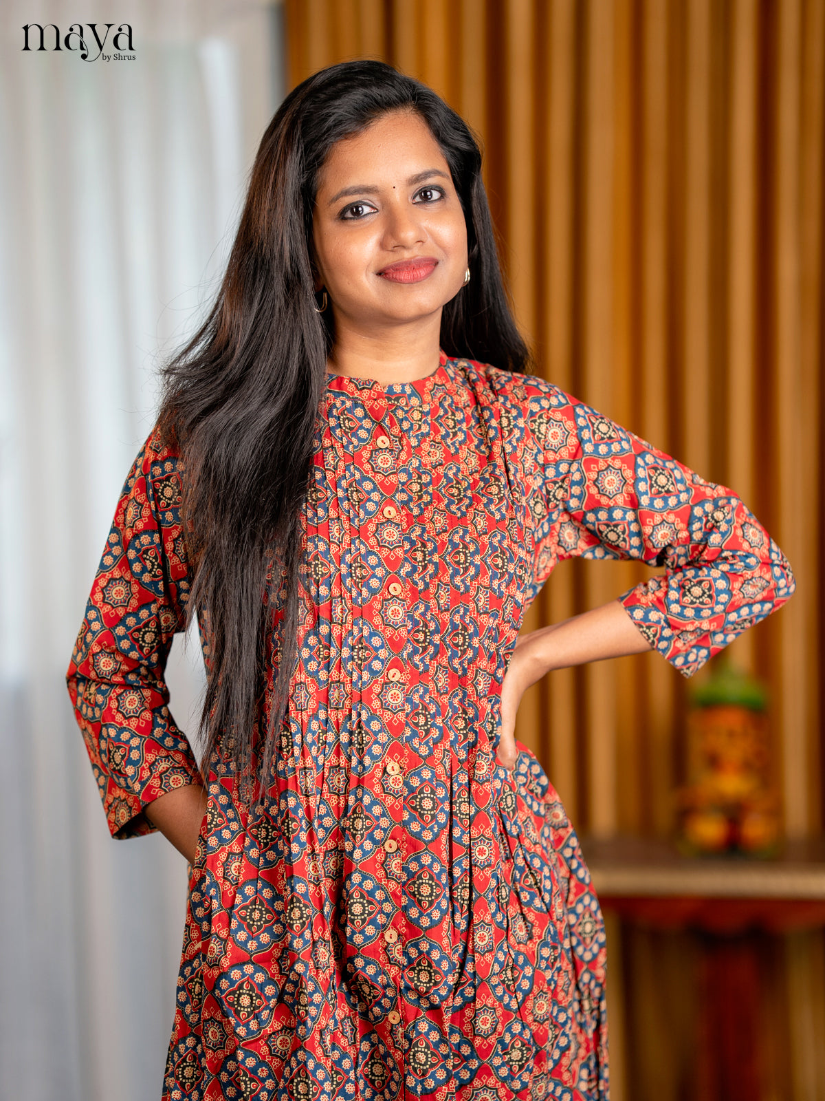 Maroon with Blue Floral Printed Cotton Anarkali A- Line Kurti