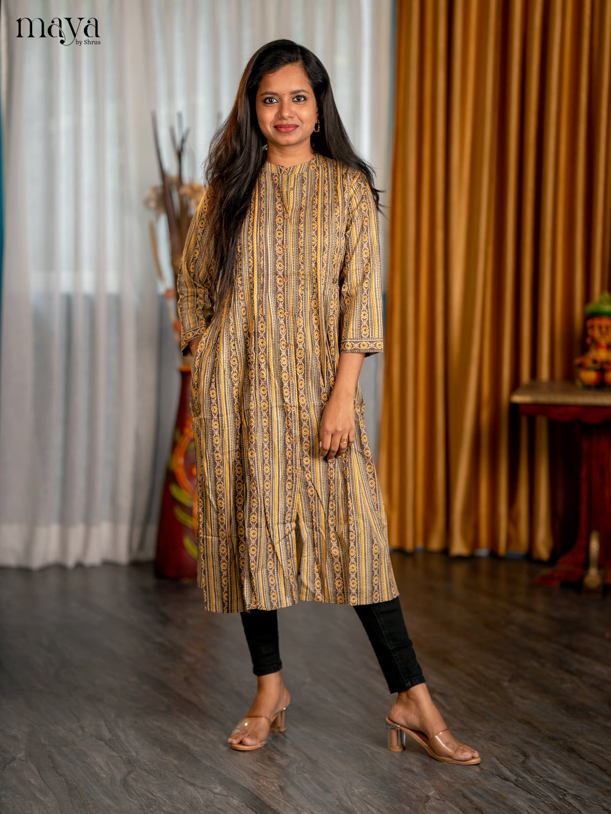 Cream with Browm Geometric Cotton Anarkali A- Line Kurti