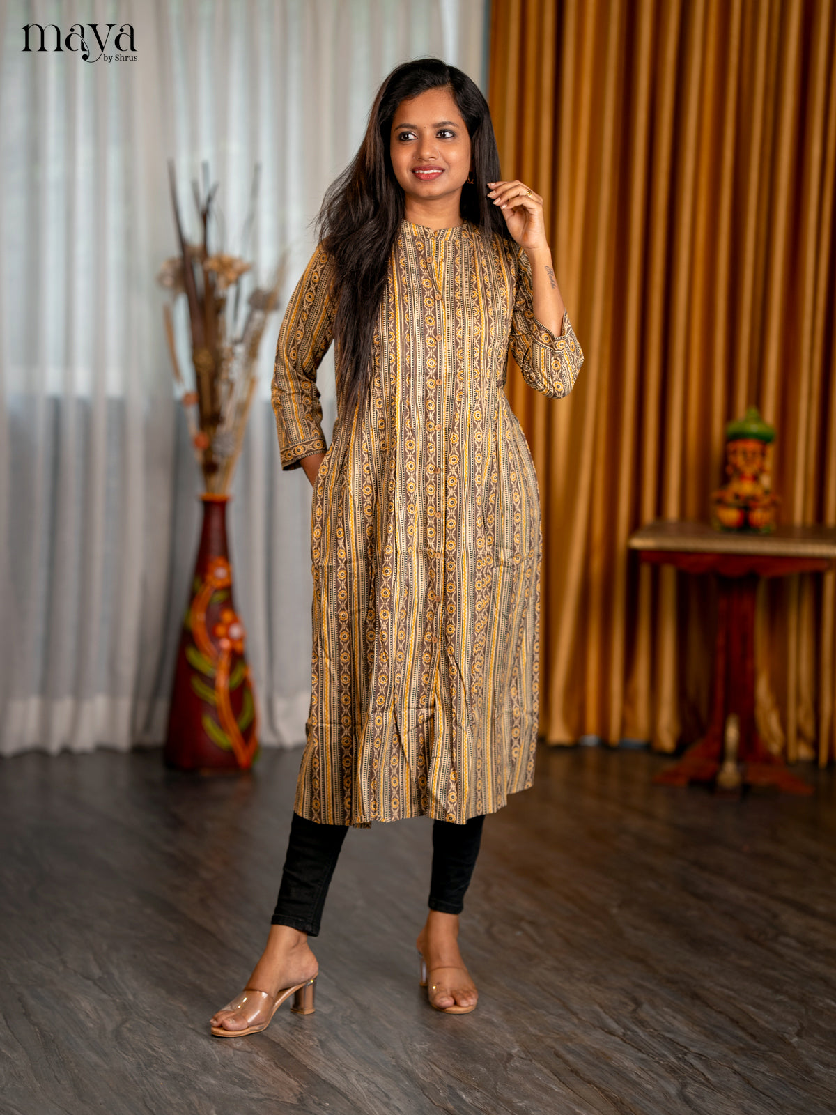 Cream with Browm Geometric Cotton Anarkali A- Line Kurti