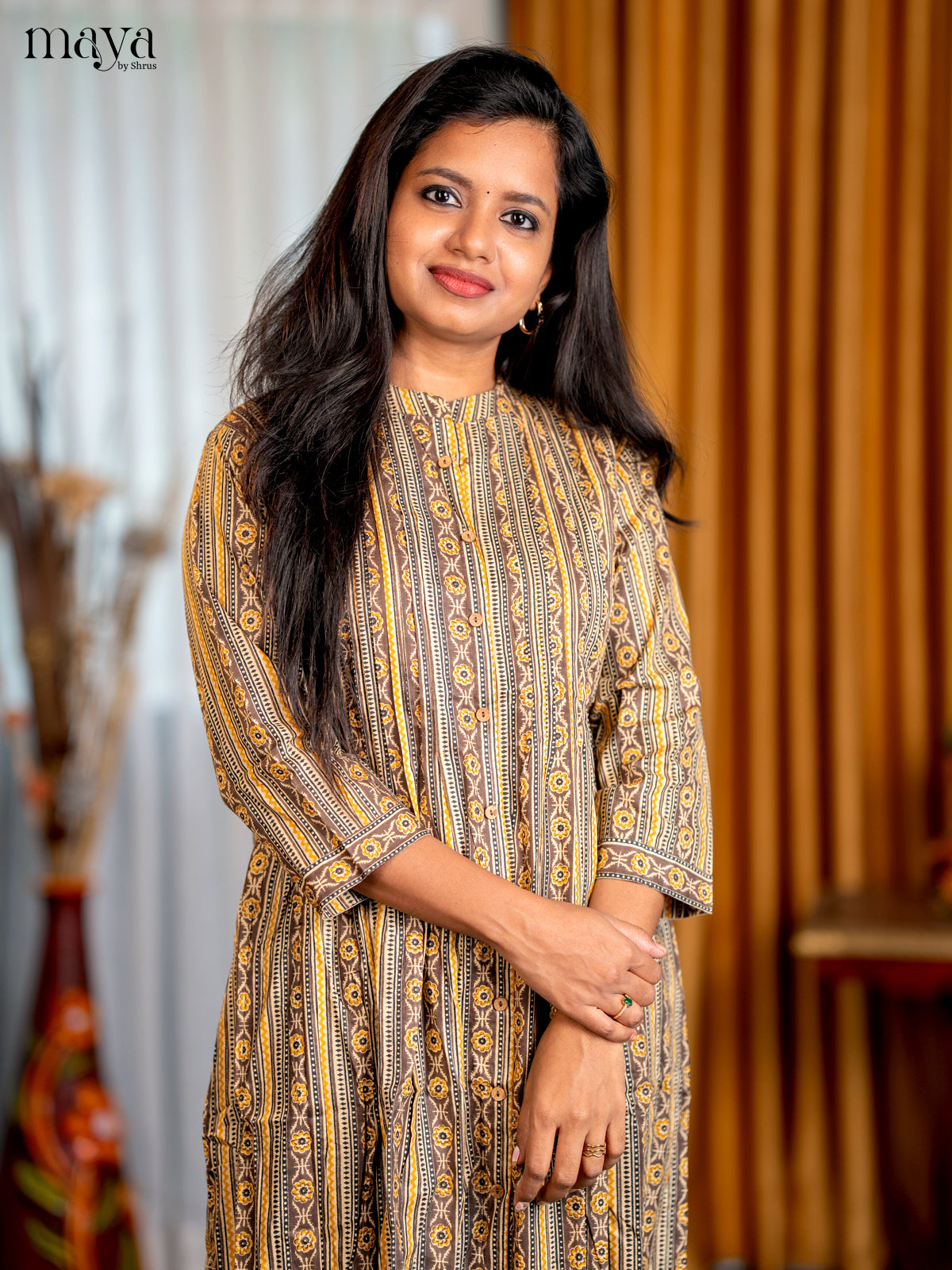 Cream with Browm Geometric Cotton Anarkali A- Line Kurti