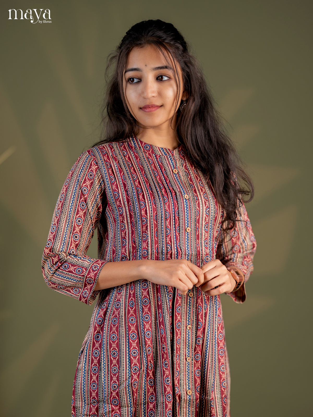 Beige with Maroon Geometric Cotton Anarkali A - Line Kurti
