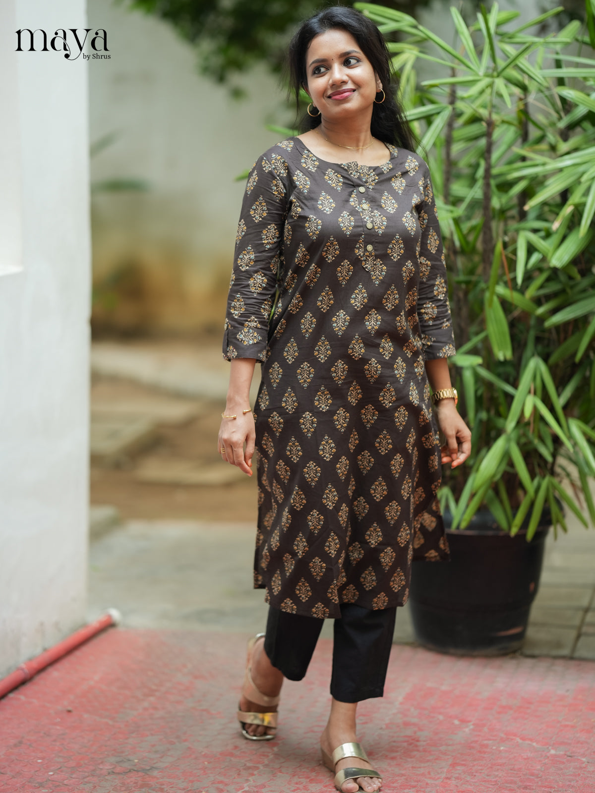 Dark Brown Ajrakh printed Cotton Kurti