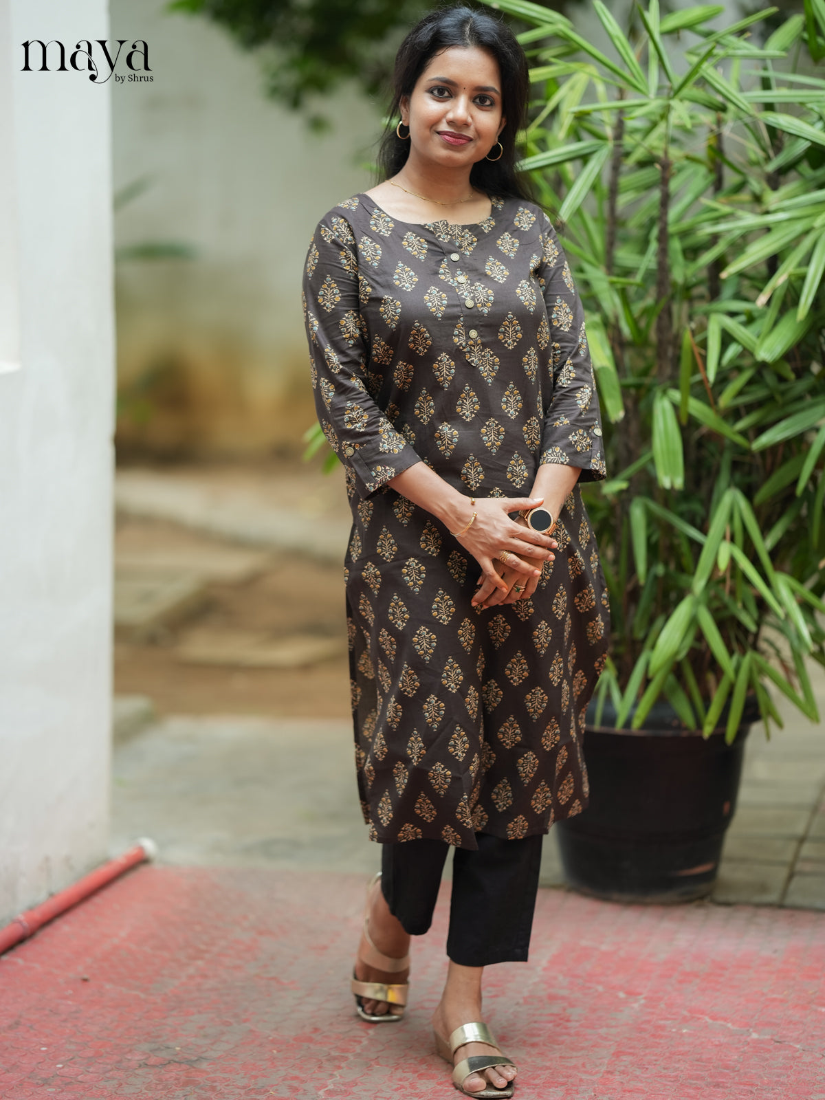 Dark Brown Ajrakh printed Cotton Kurti