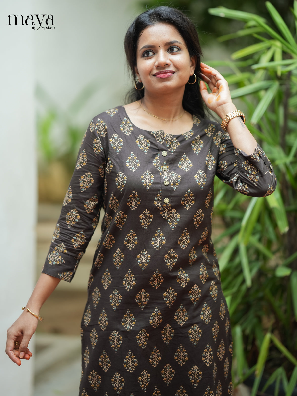 Dark Brown Ajrakh printed Cotton Kurti