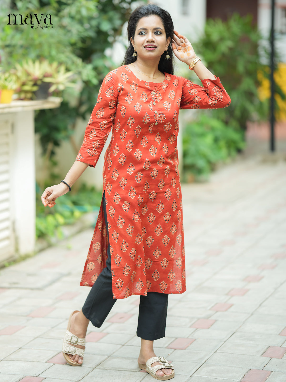 Brown Ajrakh printed Cotton Kurti
