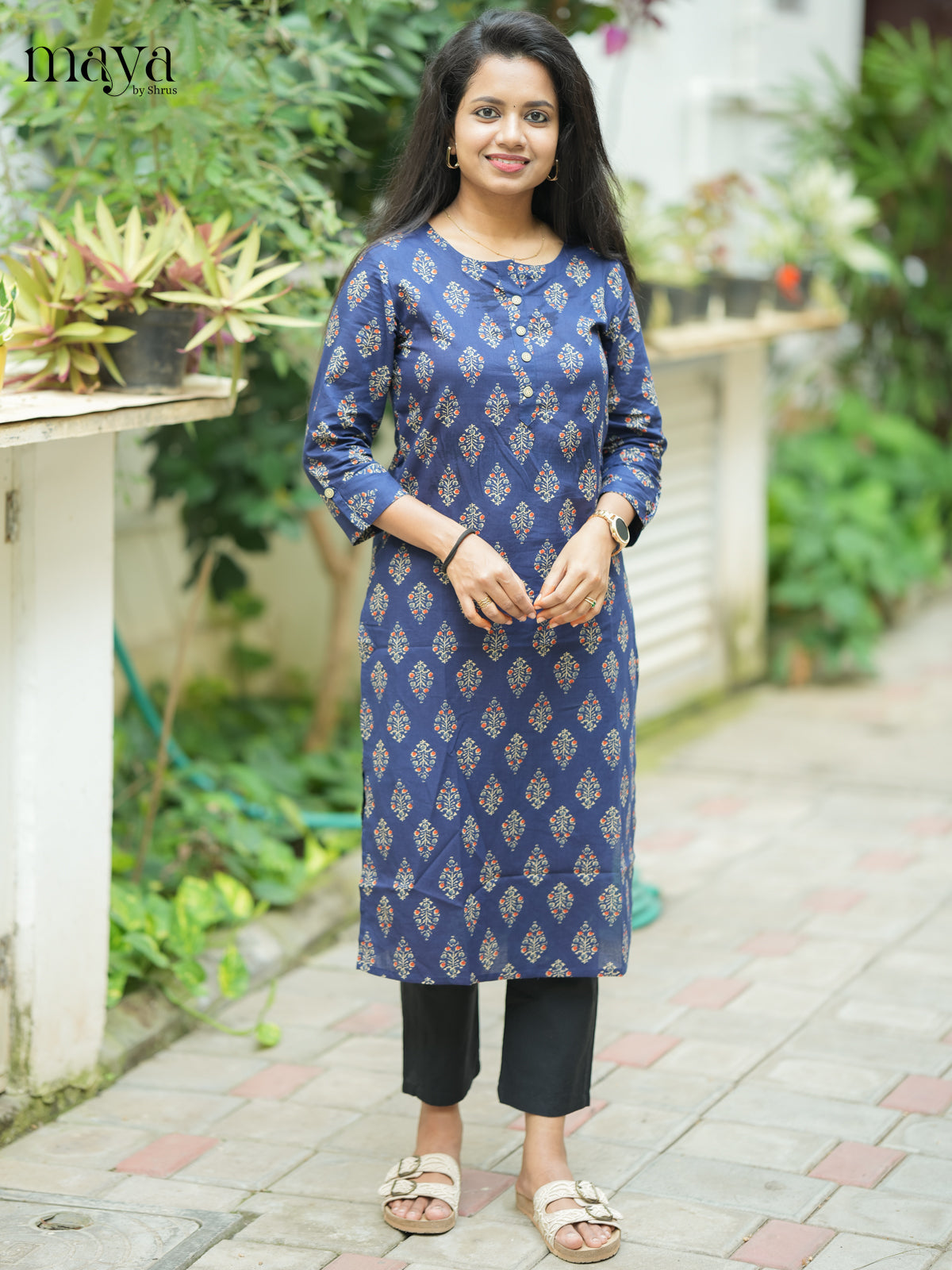 Navy Blue Ajrakh printed Cotton Kurti