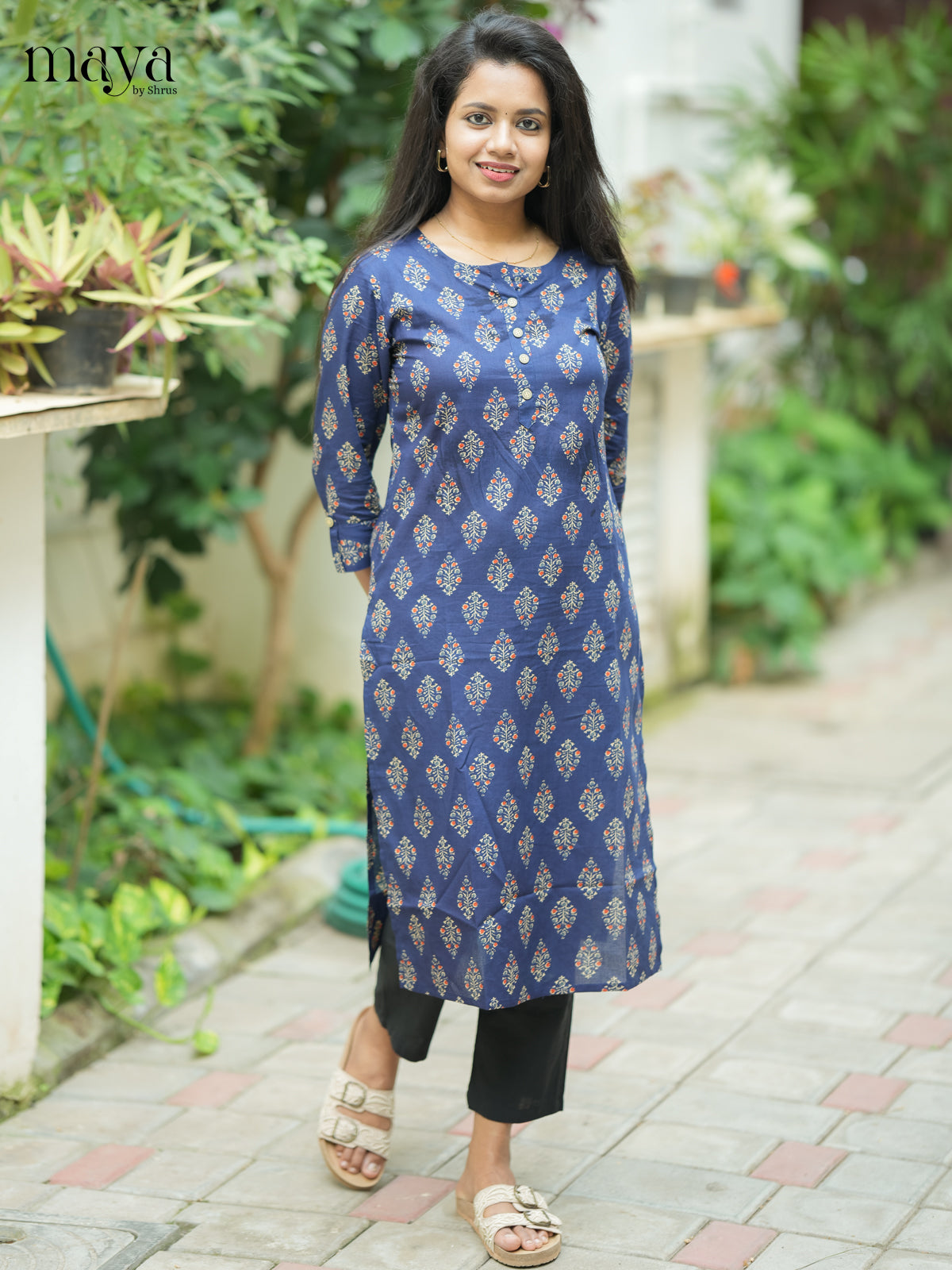 Navy Blue Ajrakh printed Cotton Kurti