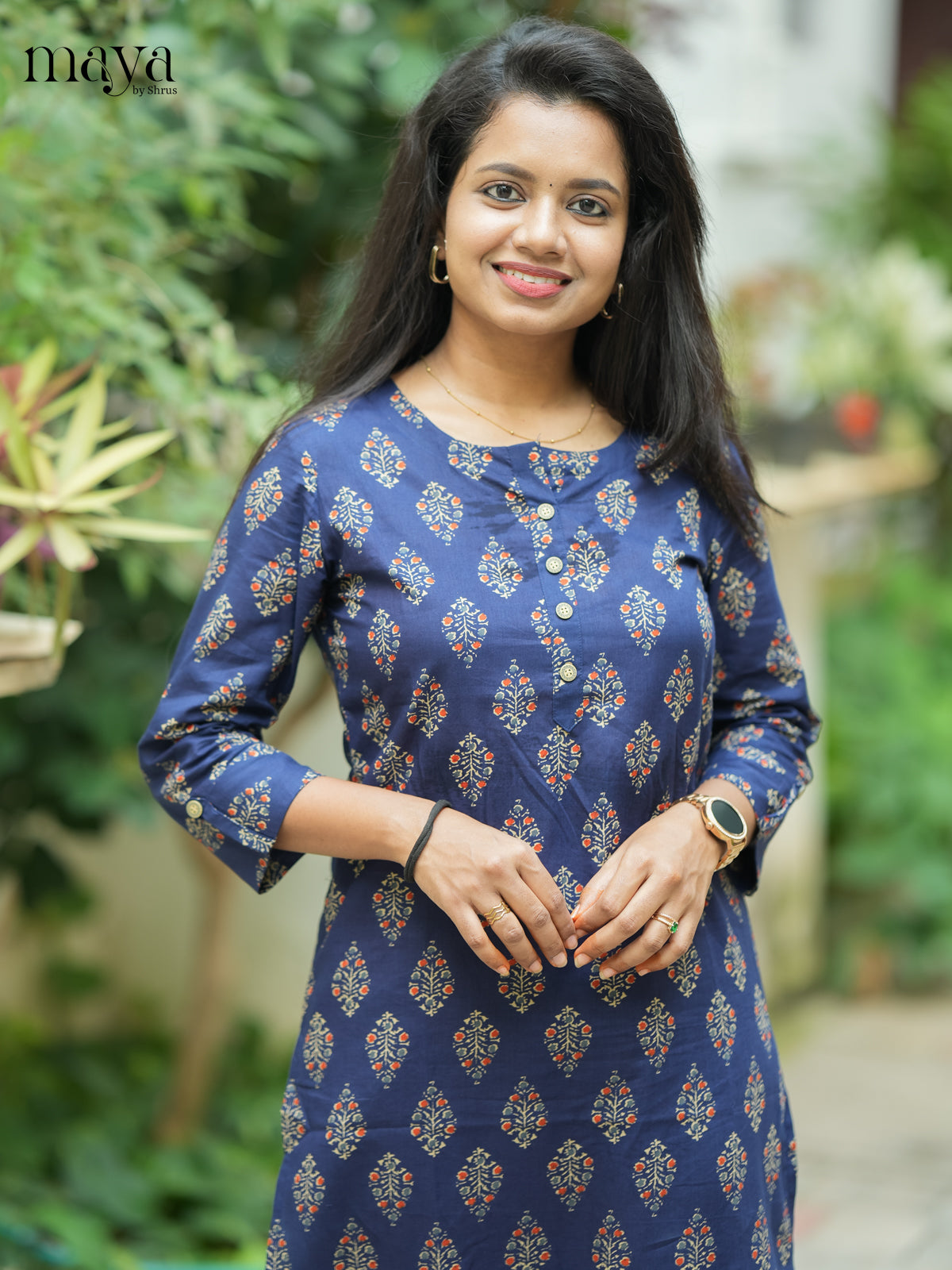 Navy Blue Ajrakh printed Cotton Kurti