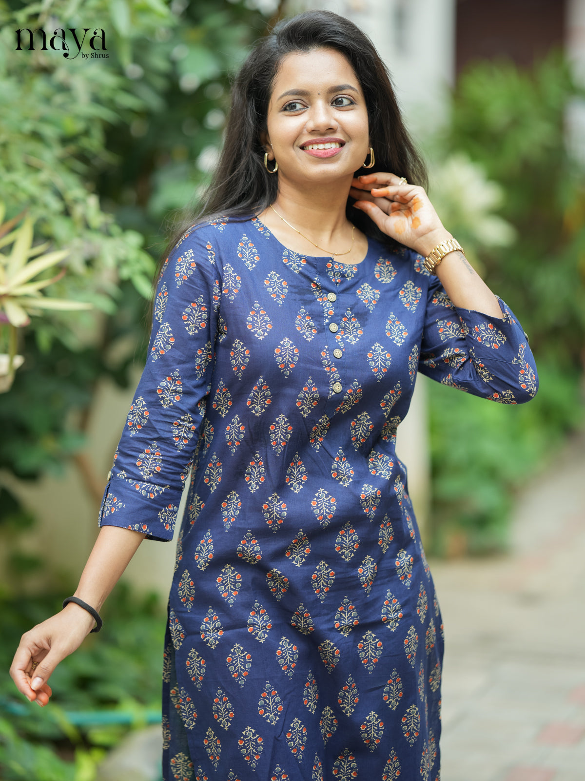 Navy Blue Ajrakh printed Cotton Kurti