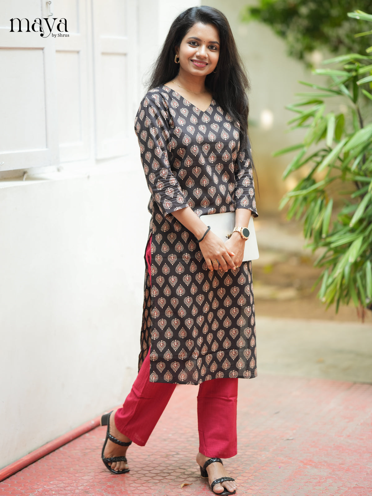 Dark Brown Ajrakh Printed Cotton Straight Kurti