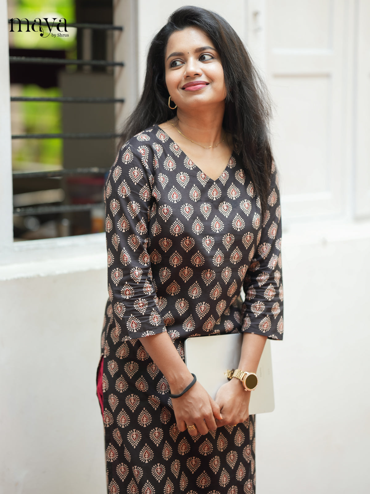 Dark Brown Ajrakh Printed Cotton Straight Kurti