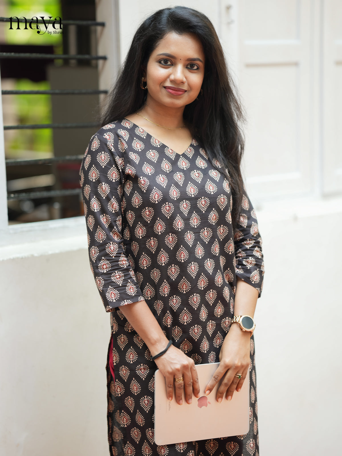 Dark Brown Ajrakh Printed Cotton Straight Kurti