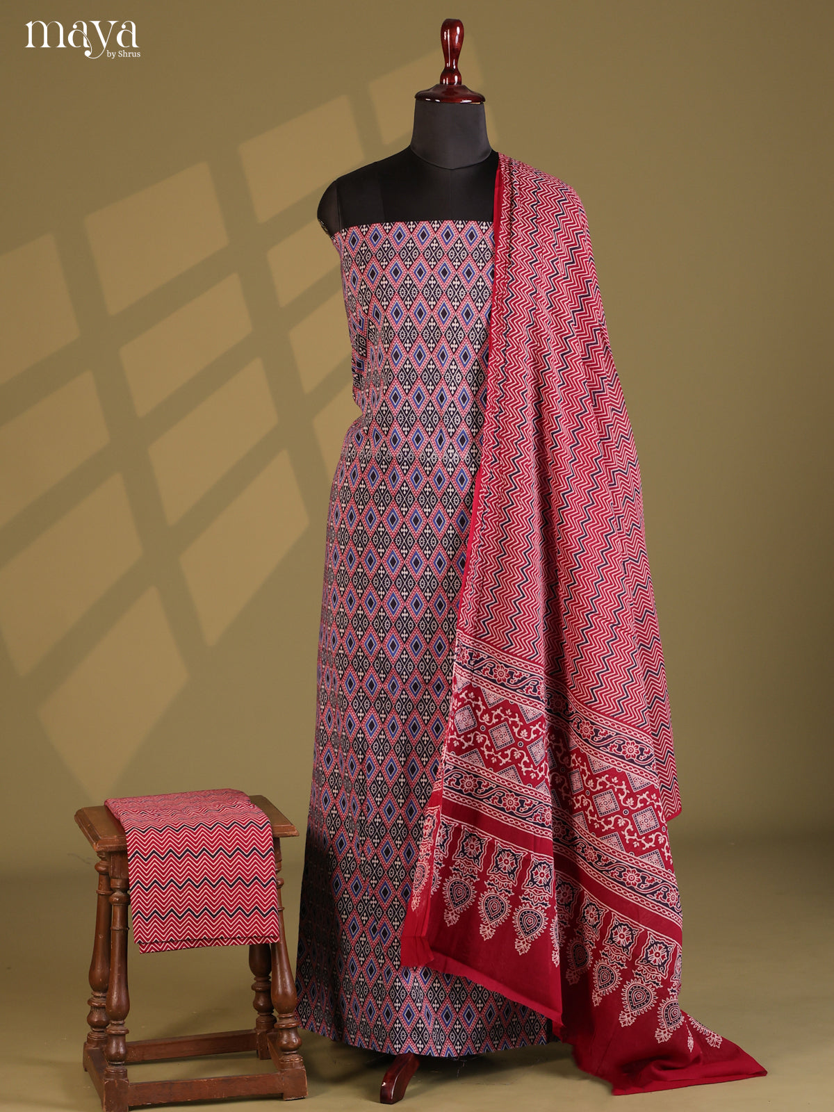 Black with Maroon - Ajrakh Salwar Unstitch