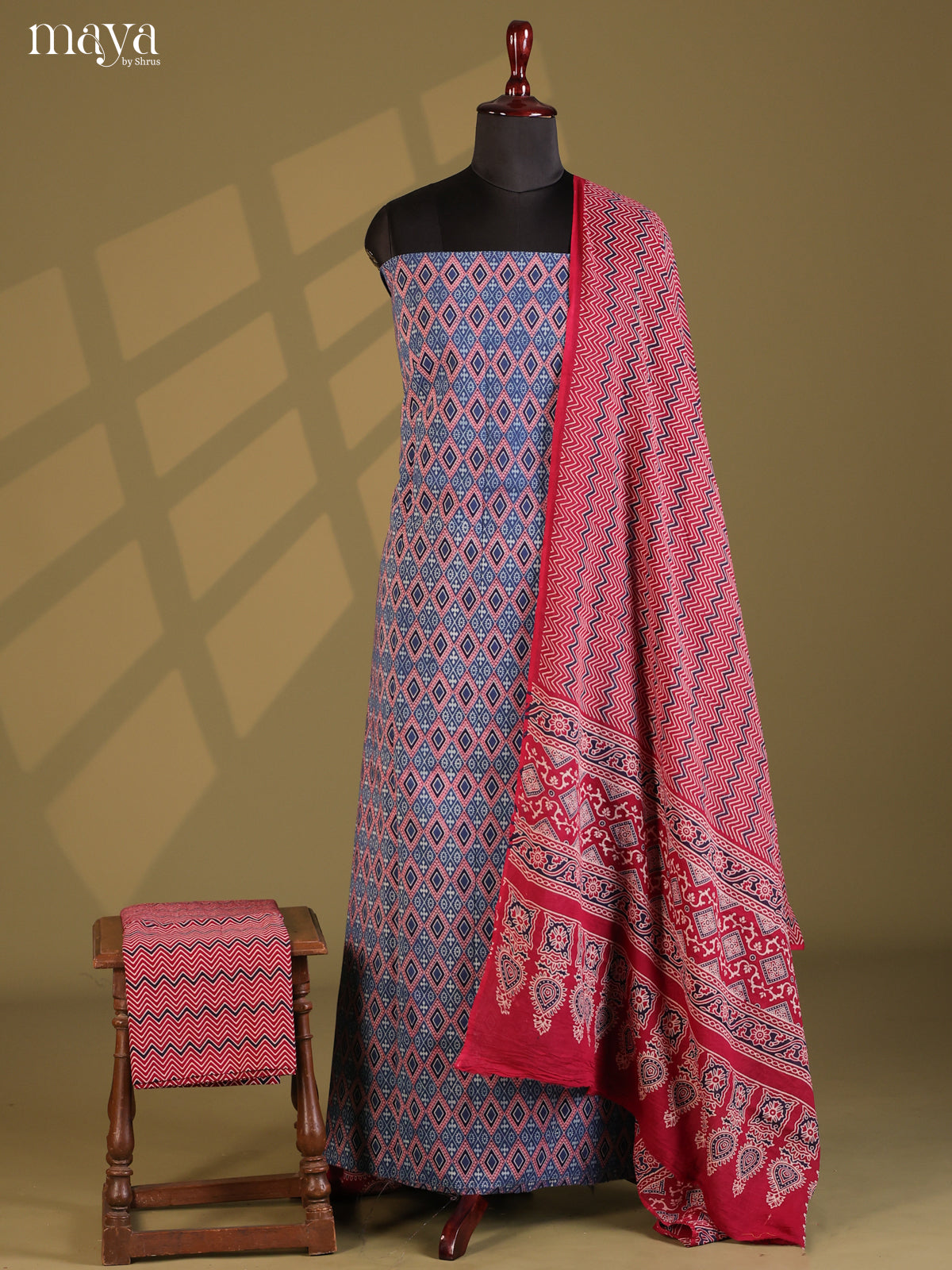 Blue with Maroon - Ajrakh Salwar Unstitch