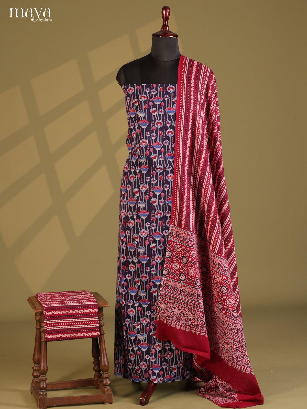 Black with Maroon - Ajrakh Salwar Unstitch