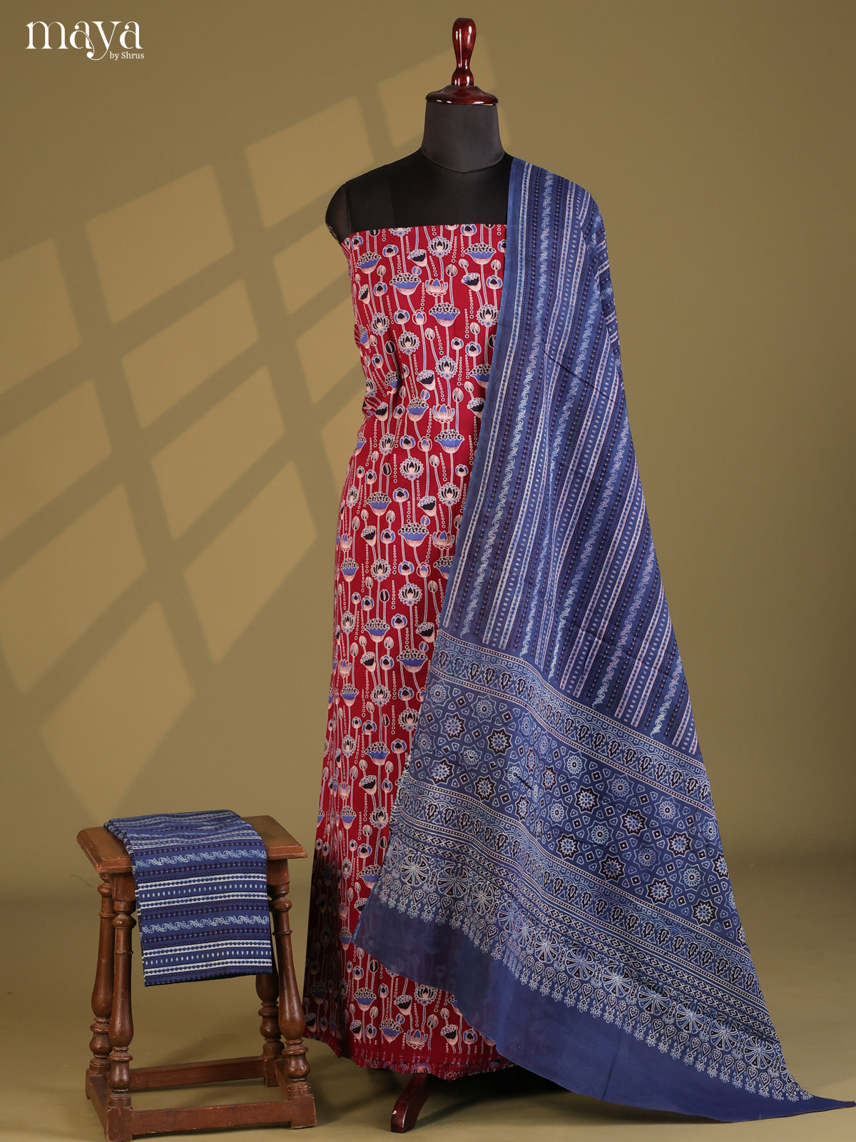 Maroon with Blue - Ajrakh Salwar Unstitch