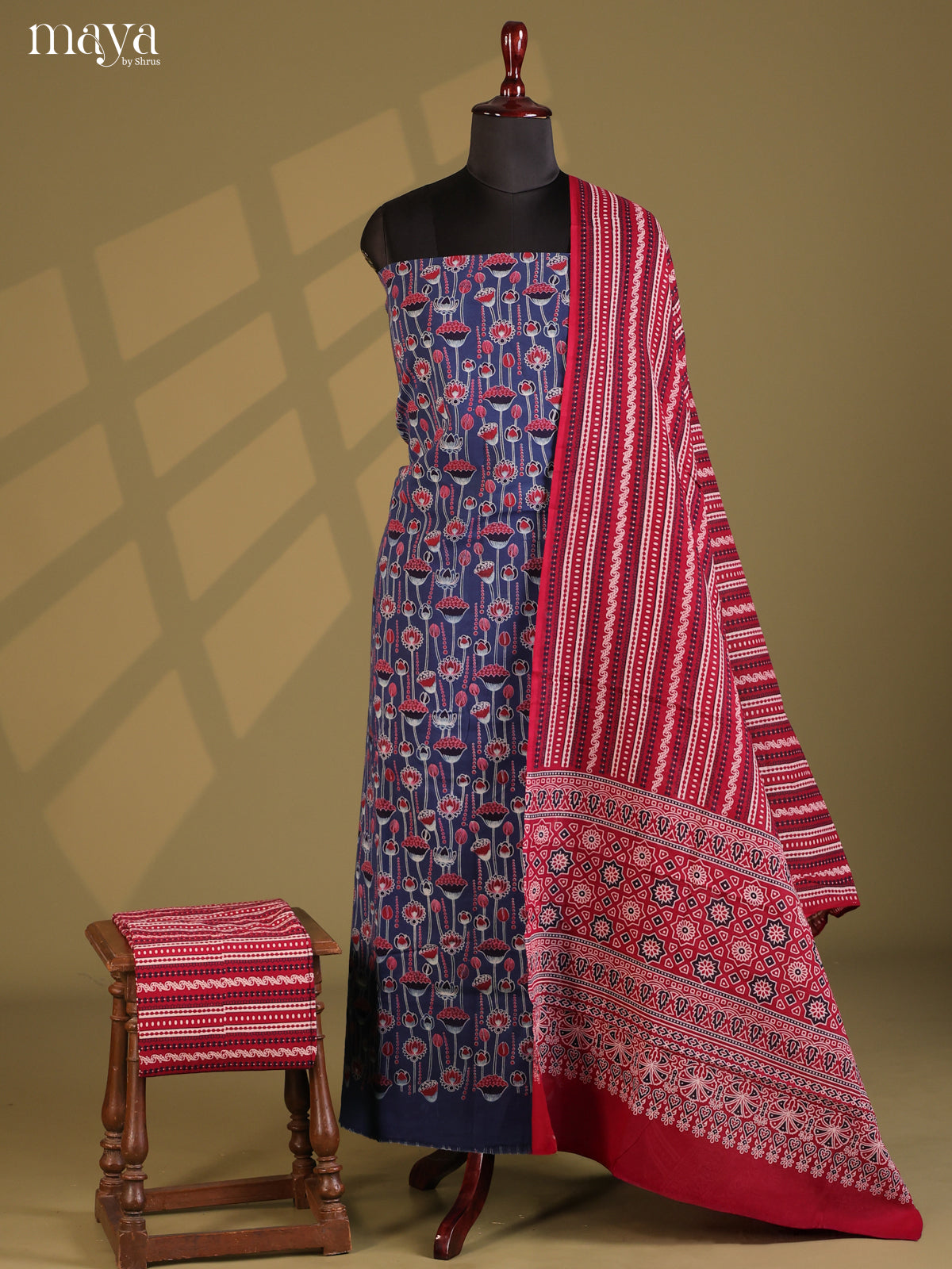 Blue with Maroon- Ajrakh Salwar Unstitch