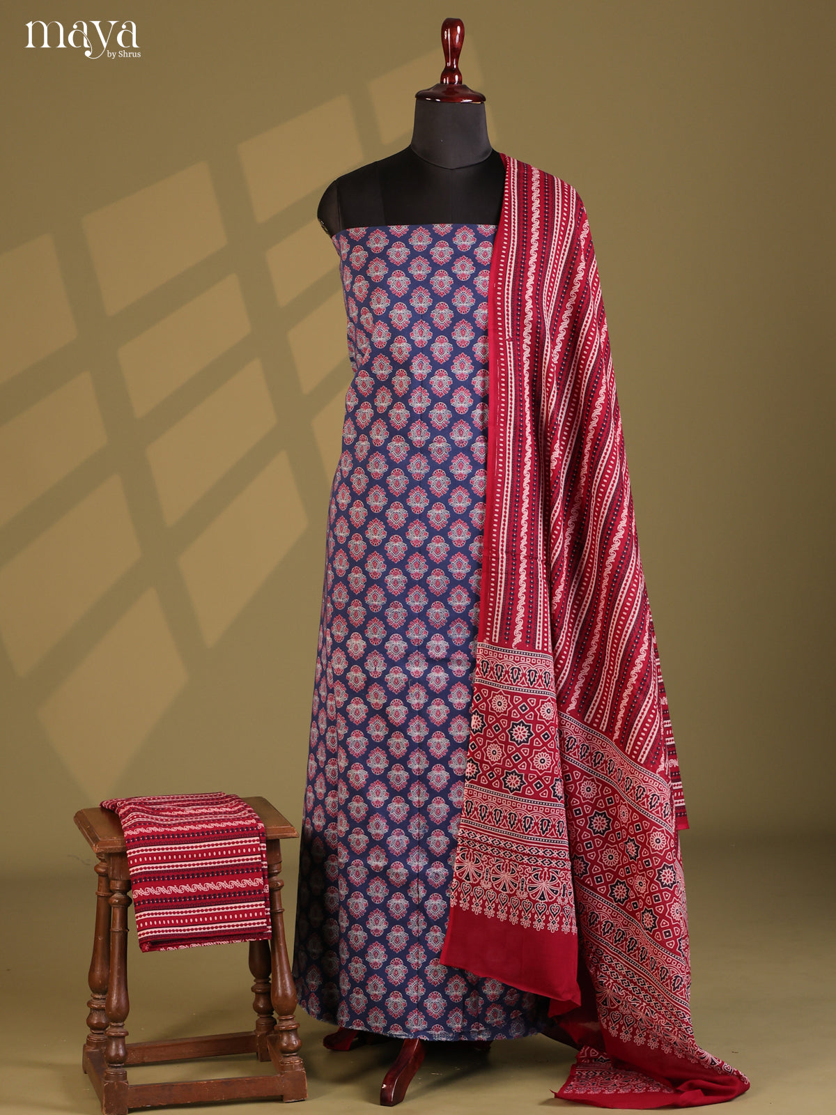 Blue with Maroon- Ajrakh Salwar Unstitch