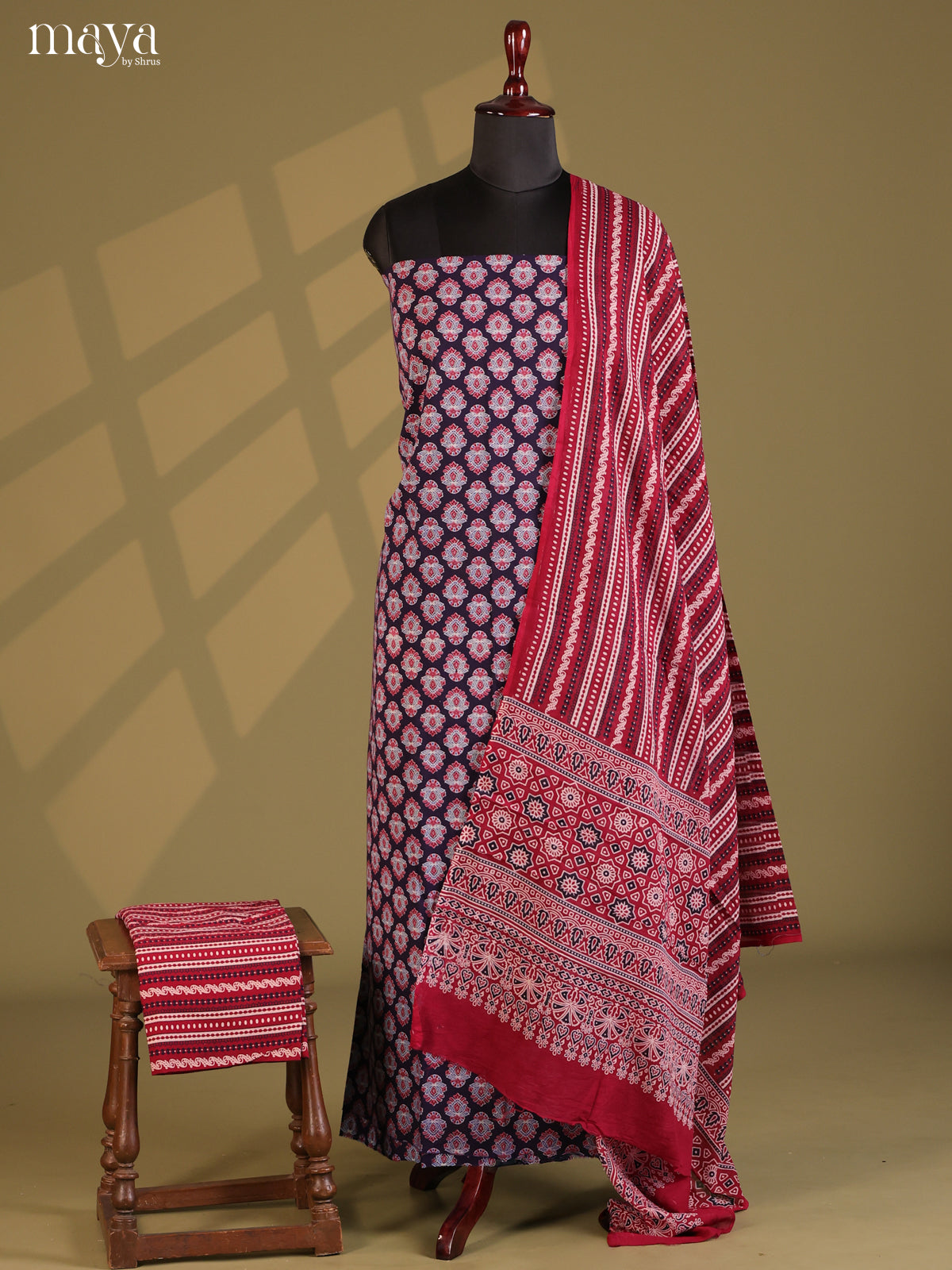 Black with Maroon - Ajrakh Salwar Unstitch