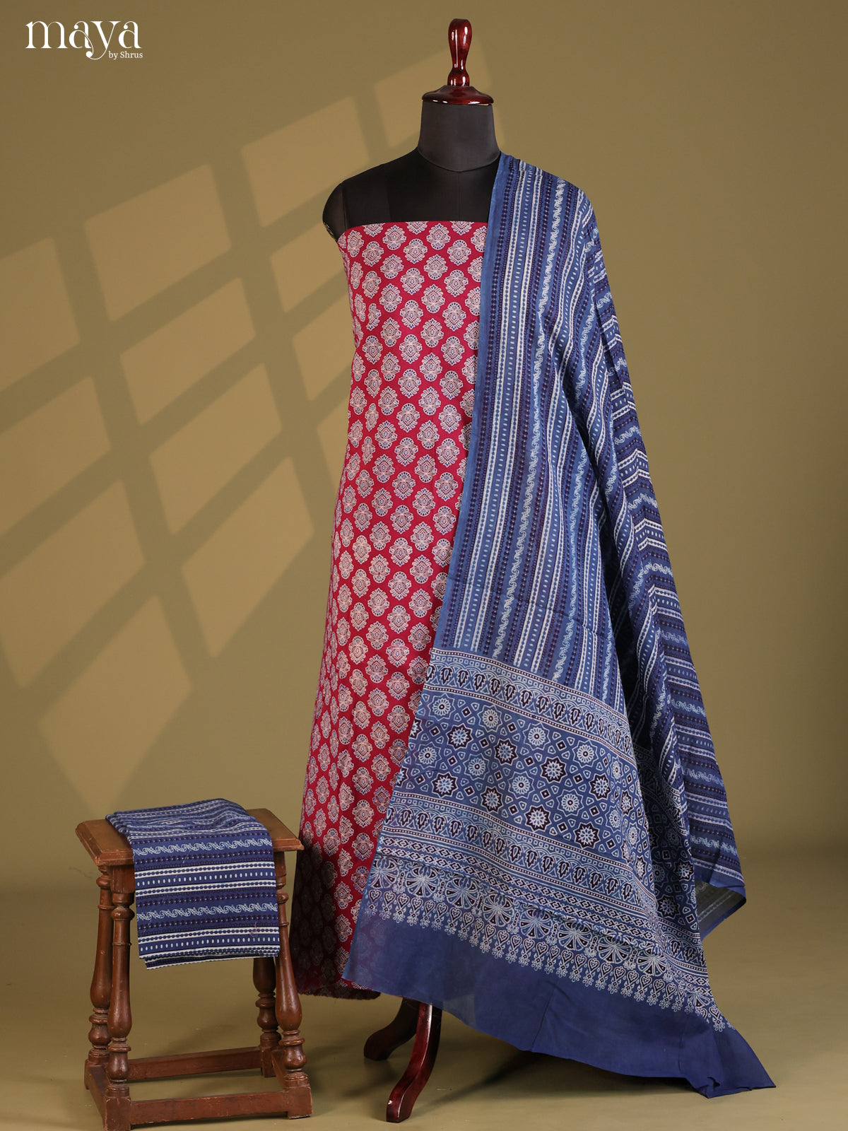 Maroon with Blue- Ajrakh Salwar Unstitch