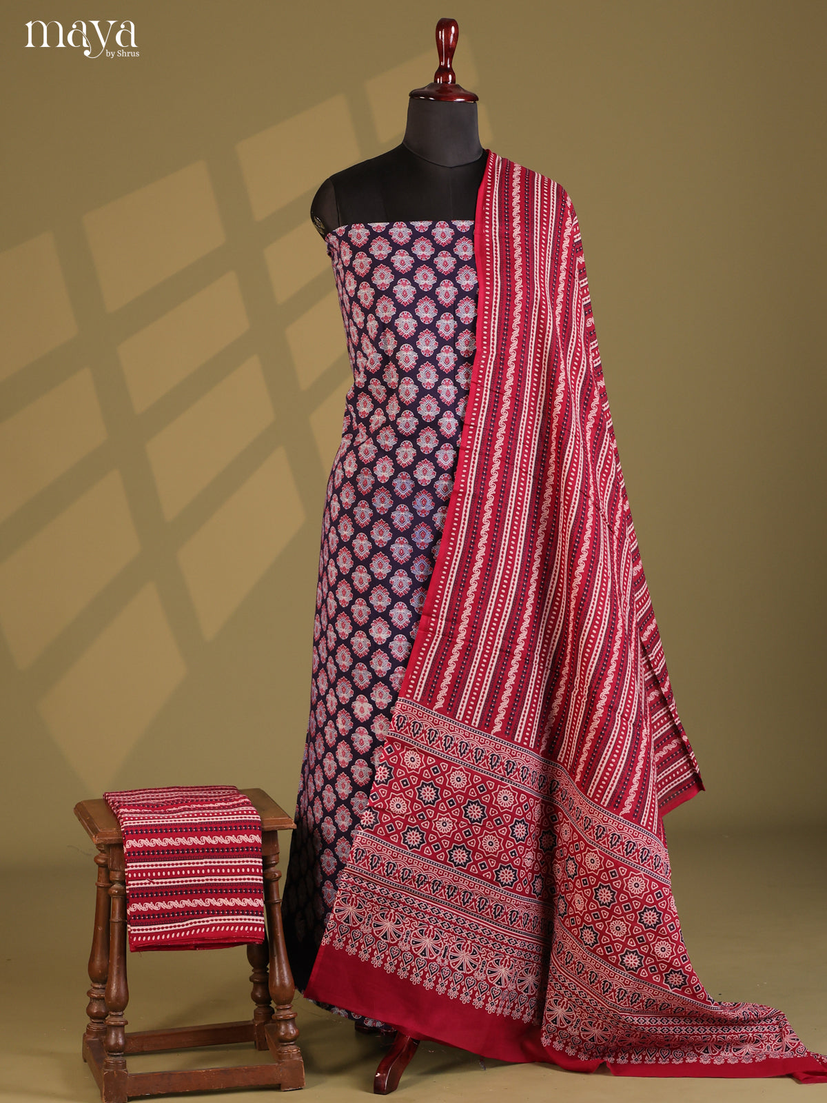 Black with Maroon - Ajrakh Salwar Unstitch