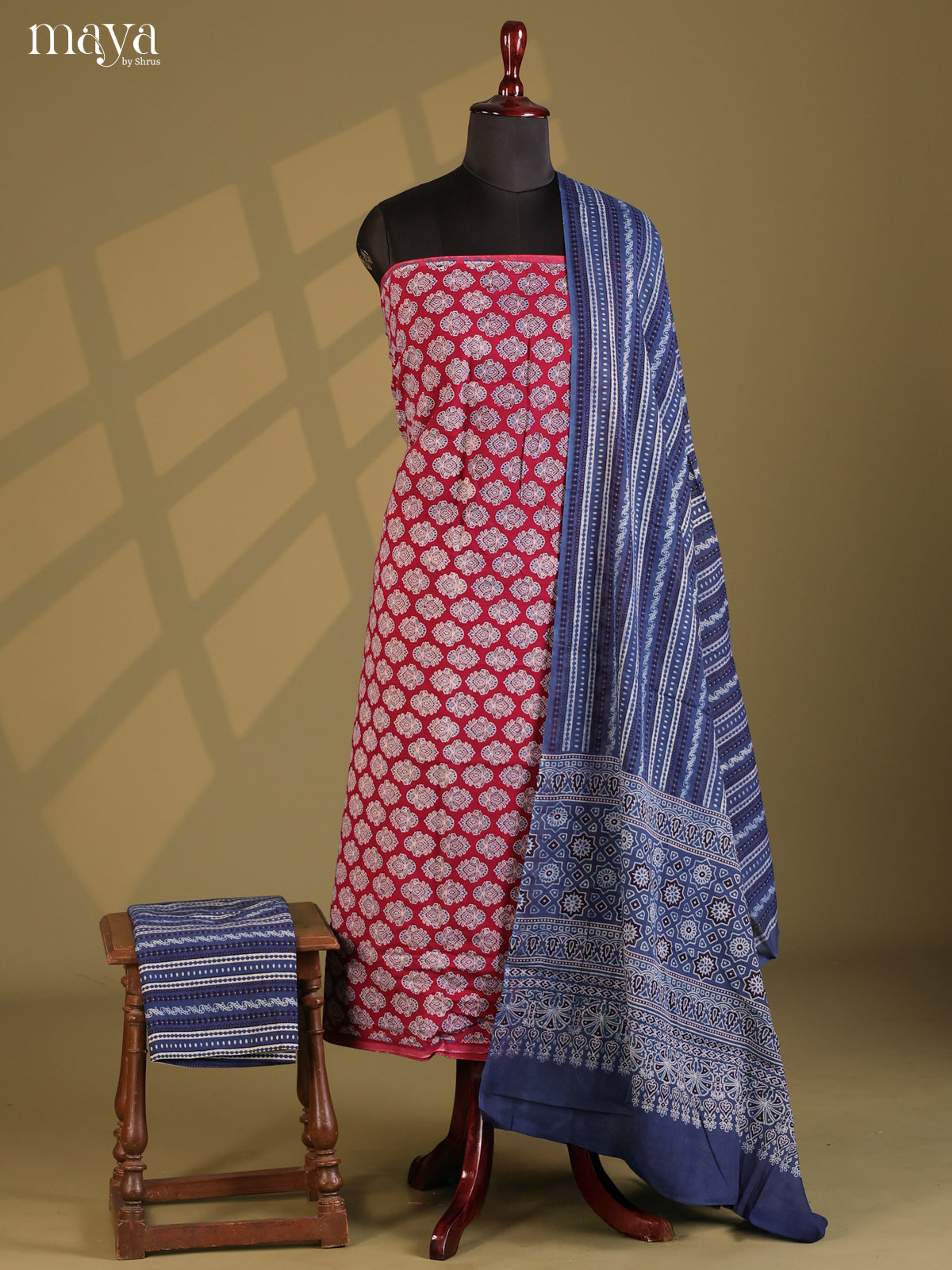 Maroon with Blue - Ajrakh Salwar Unstitch