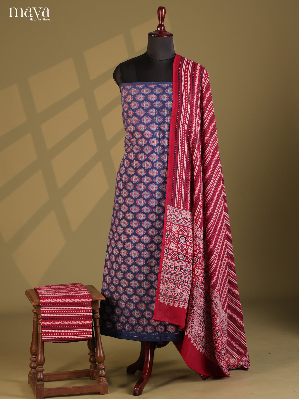 Blue & Maroon- Ajrakh Salwar Unstitch