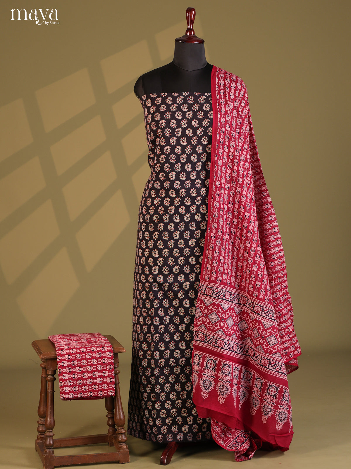 Black with Maroon- Ajrakh Salwar Unstitch
