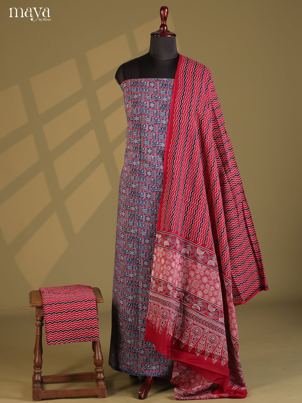 Blue with Maroon - Ajrakh Salwar Unstitch