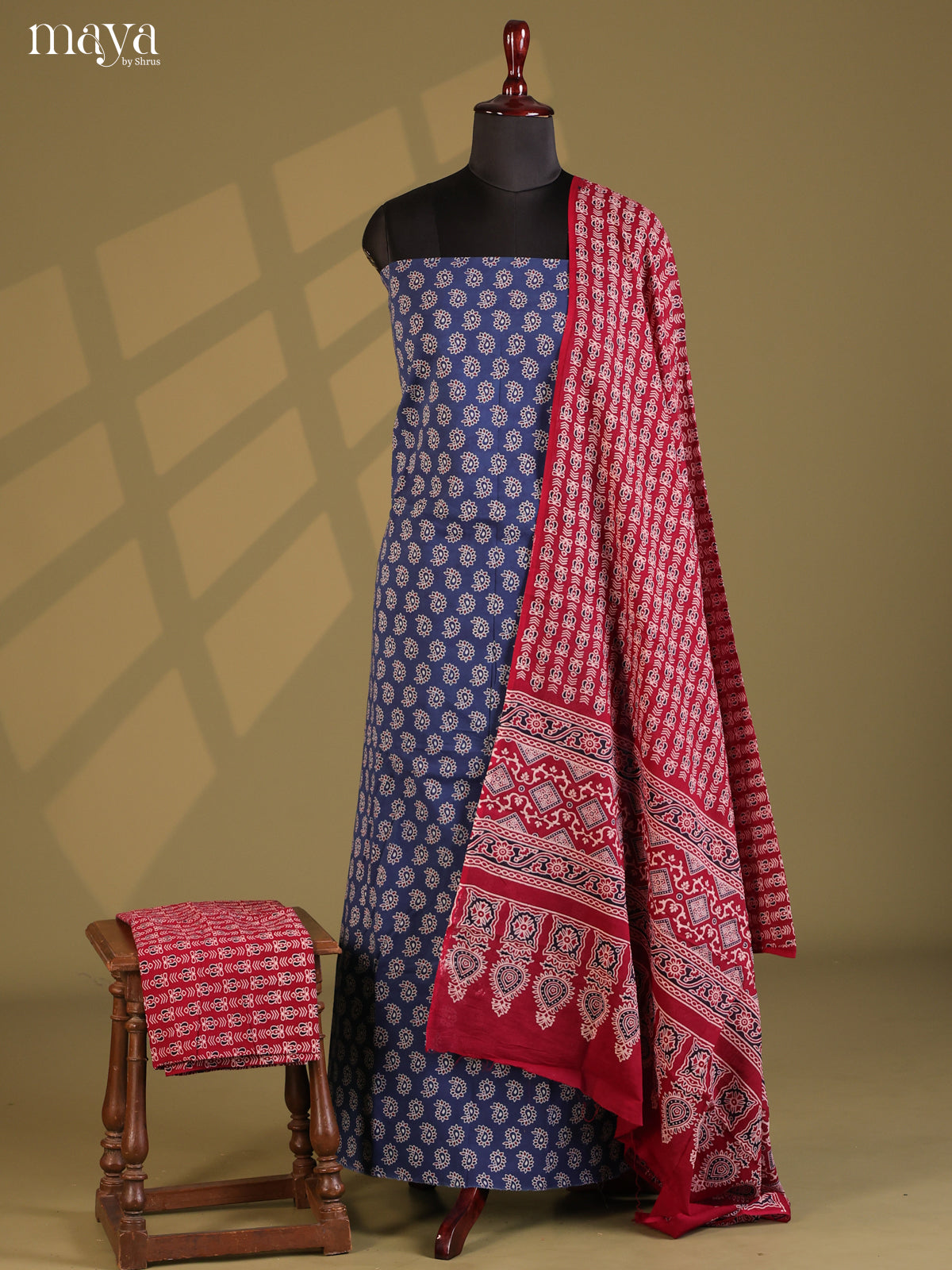 Blue with maroon- Ajrakh Salwar Unstitch