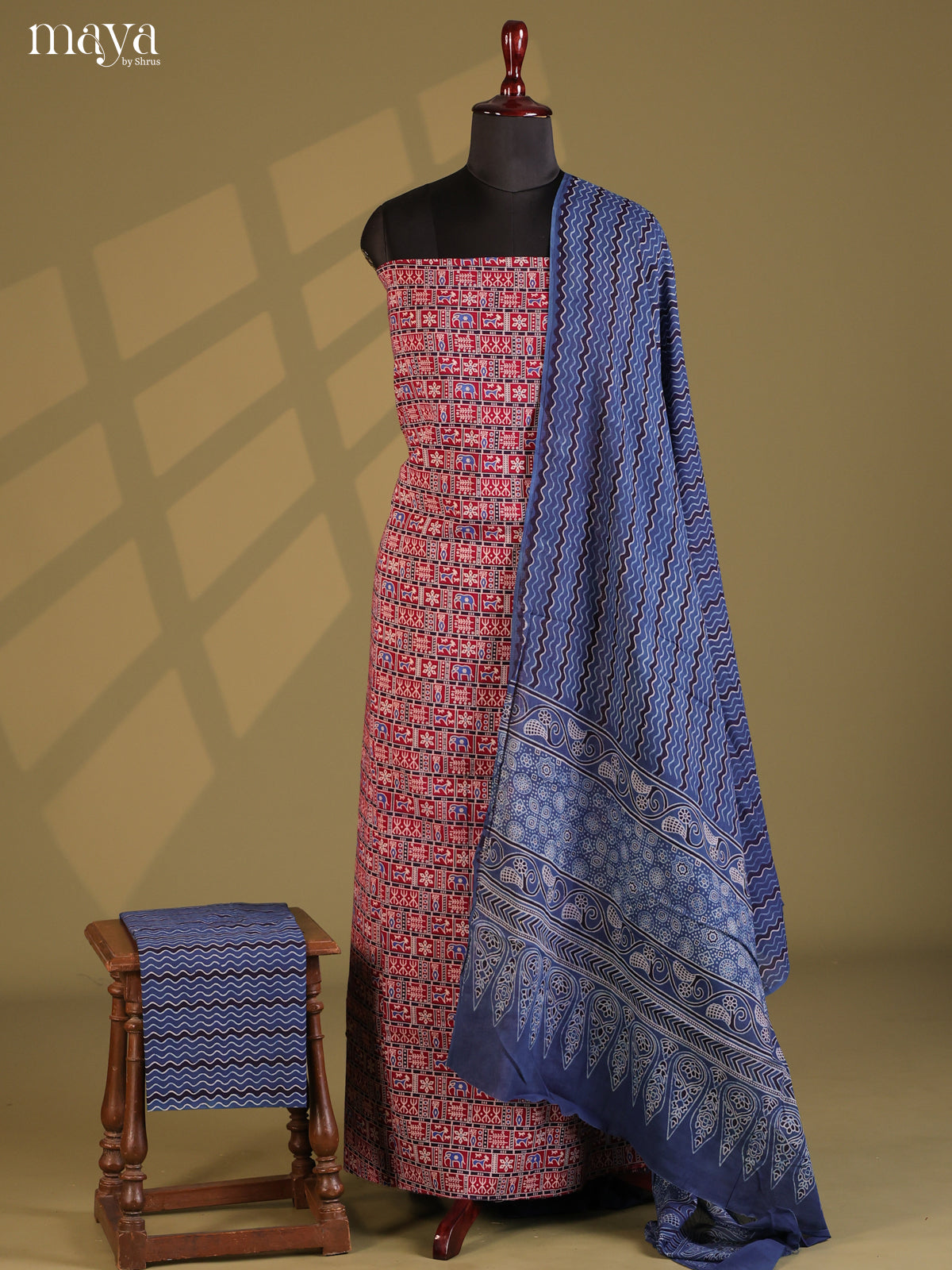 Maroon & Blue - Ajrakh Salwar Unstitch