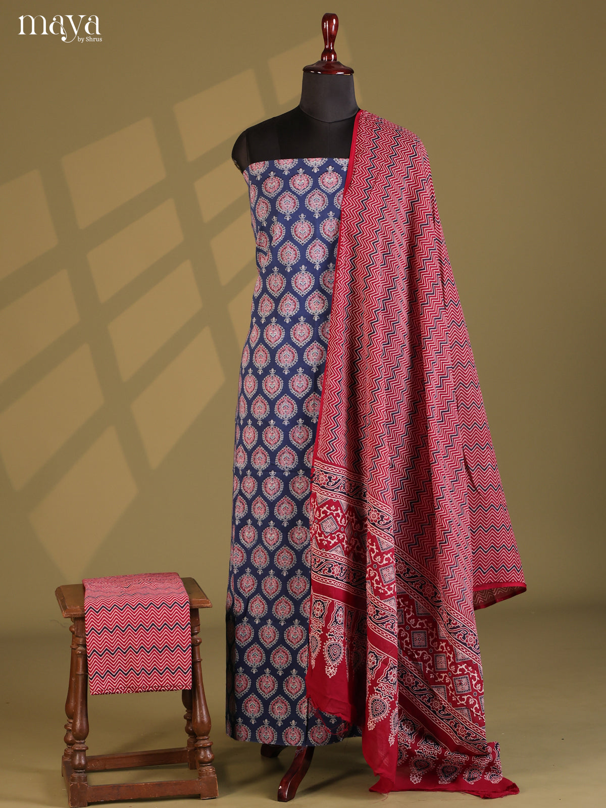 Blue with Maroon - Ajrakh Salwar Unstitch