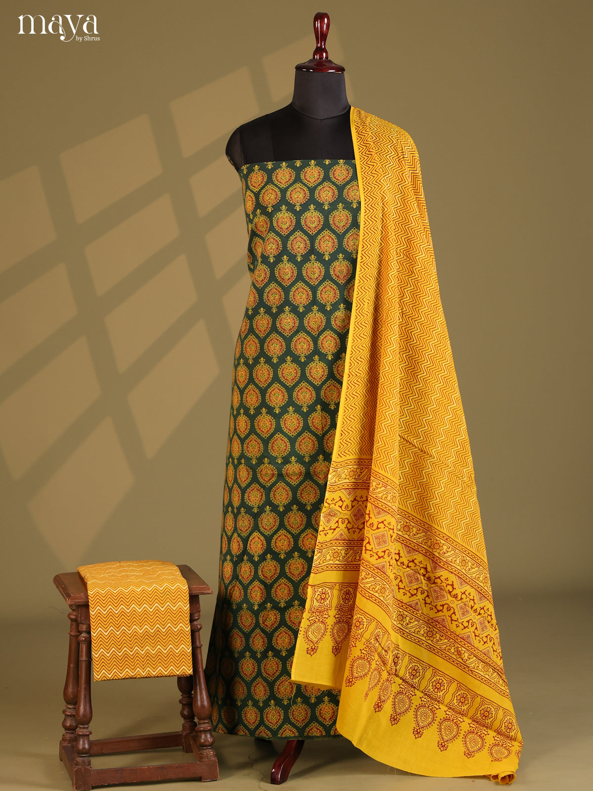 Green with Yellow- Ajrakh Salwar Unstitch