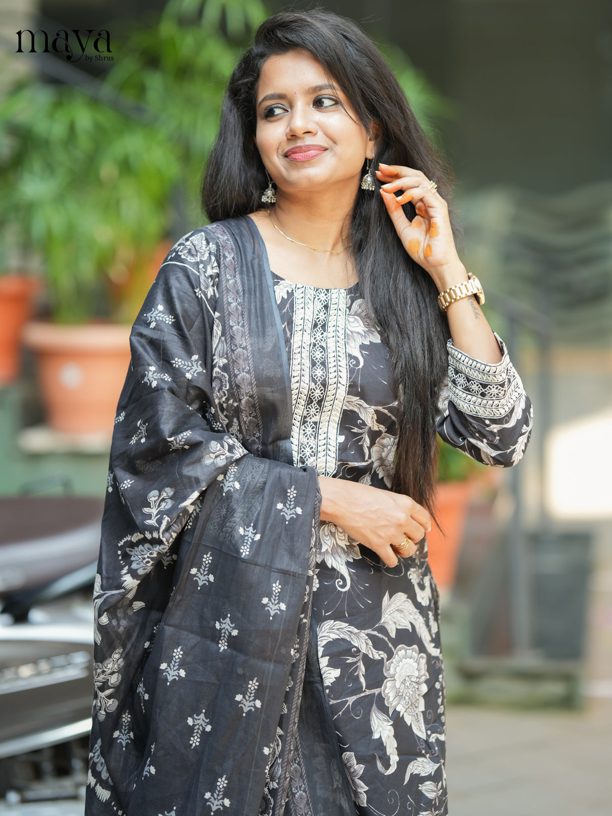 Black Cotton 3PC Salwar Suit with Floral Print - Top, Bottom & Dupatta