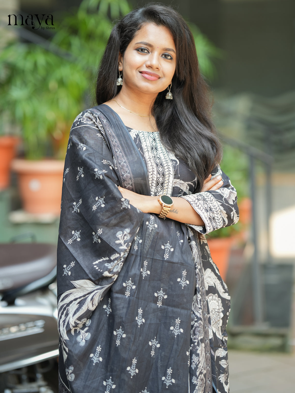 Black Cotton 3PC Salwar Suit with Floral Print - Top, Bottom & Dupatta