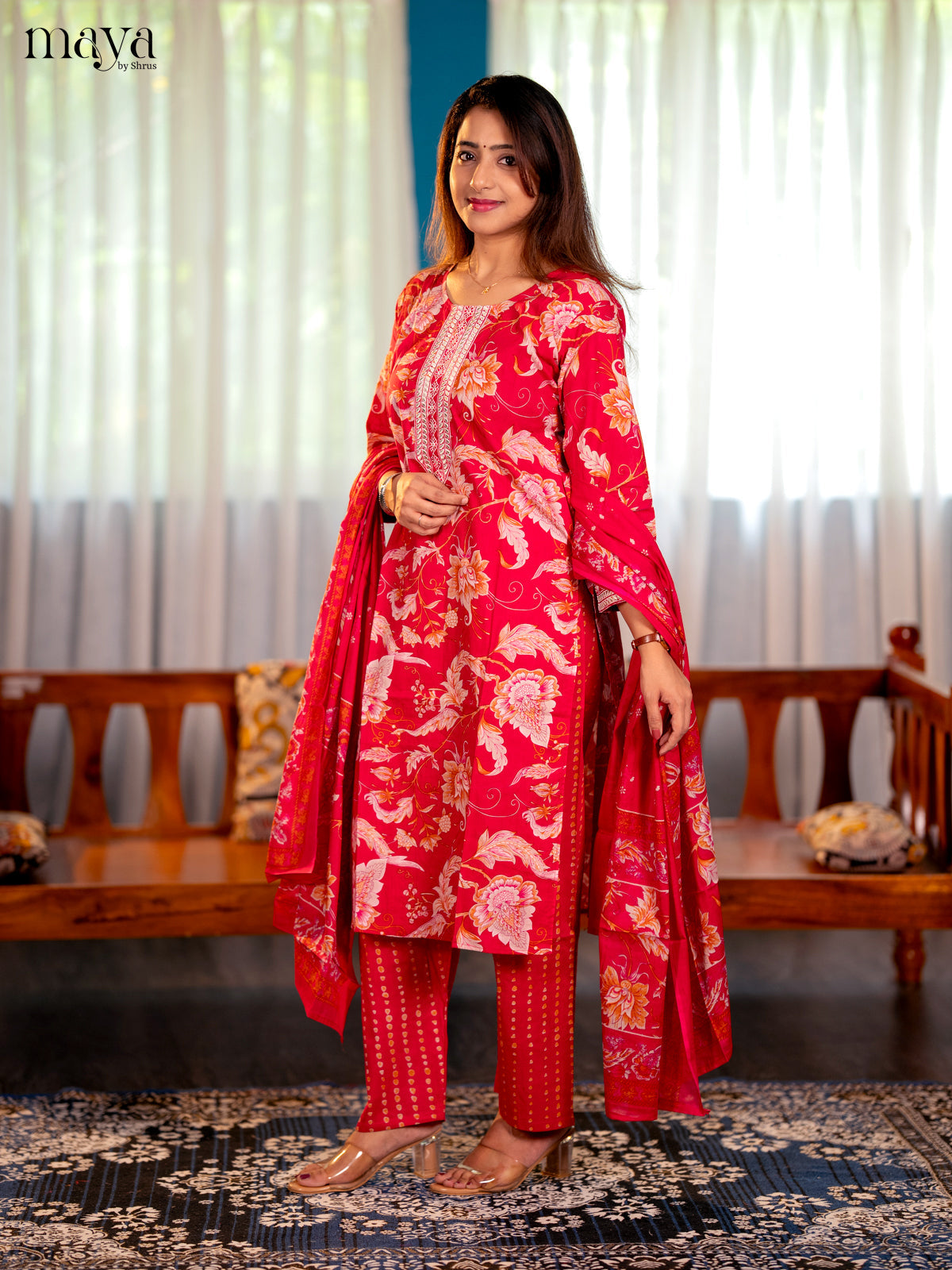 Pink Cotton 3PC Salwar Suit with Floral Print - Top, Bottom & Dupatta