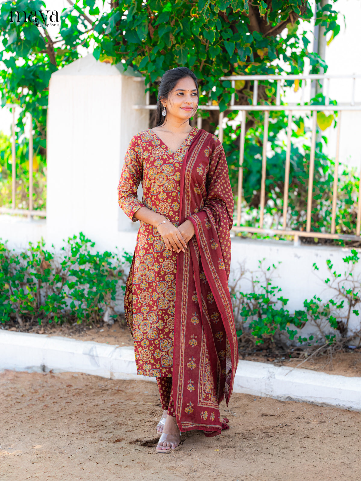 Maroon Cotton 3pc Salwar Suit with Ajrakh Print - Top, Bottom & Dupatta