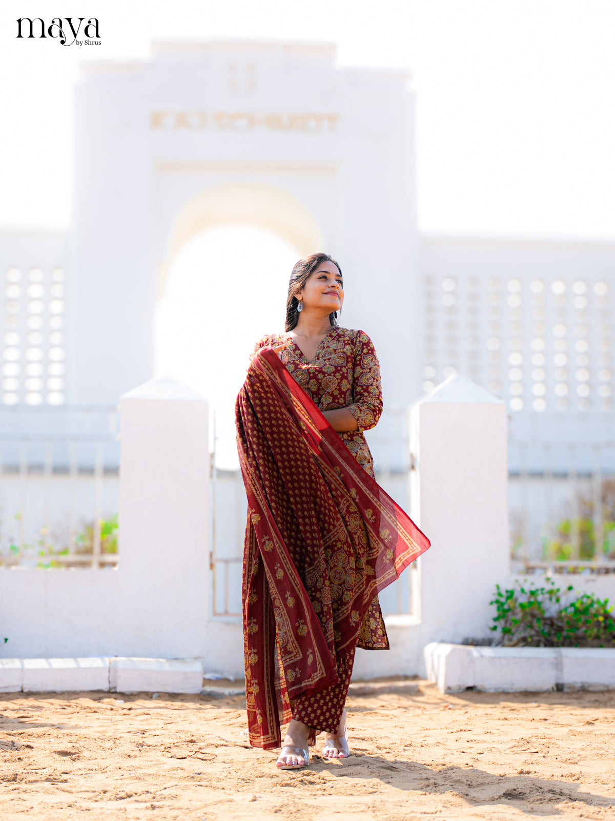 Maroon Cotton 3pc Salwar Suit with Ajrakh Print - Top, Bottom & Dupatta