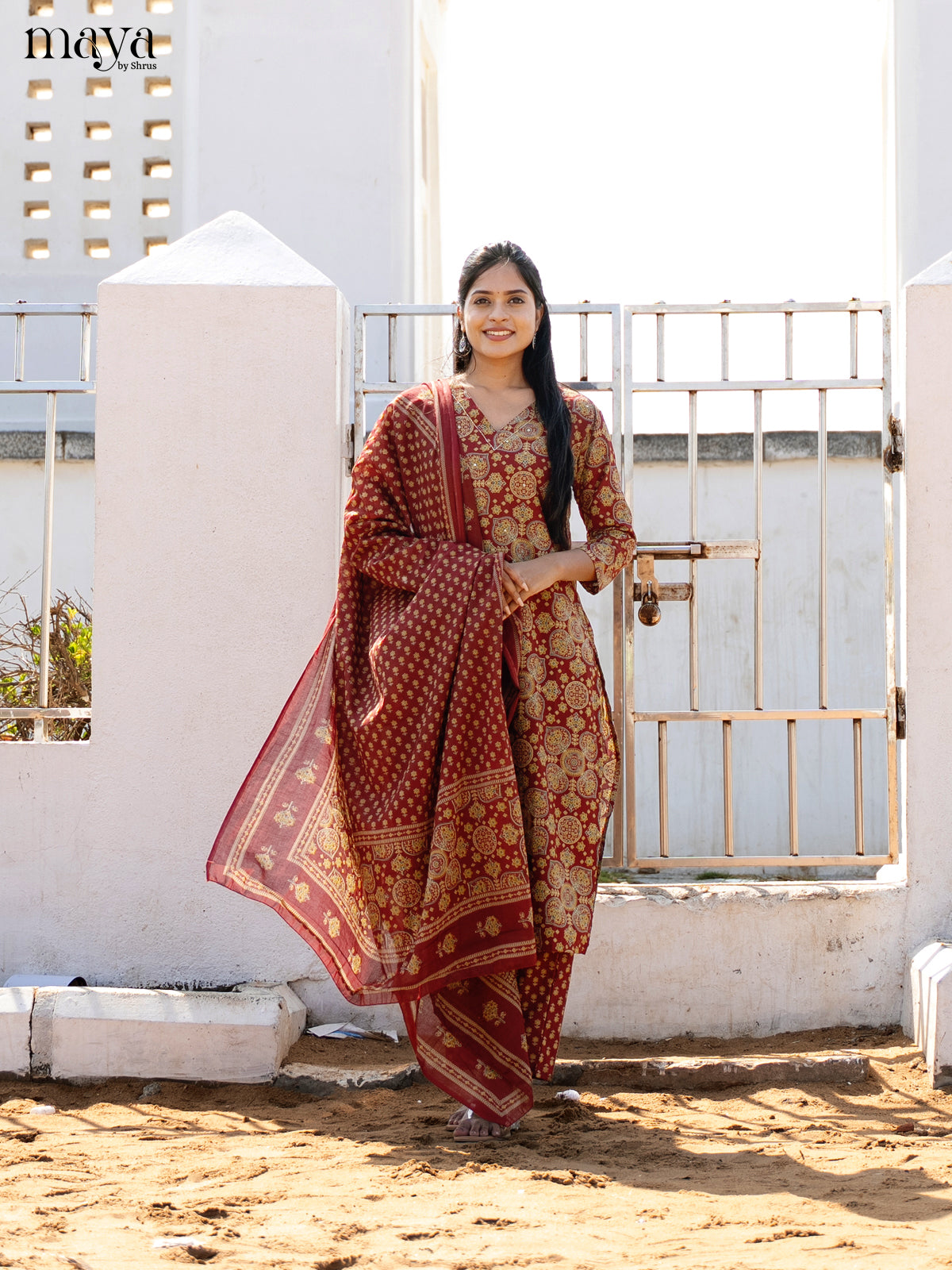 Maroon Cotton 3pc Salwar Suit with Ajrakh Print - Top, Bottom & Dupatta