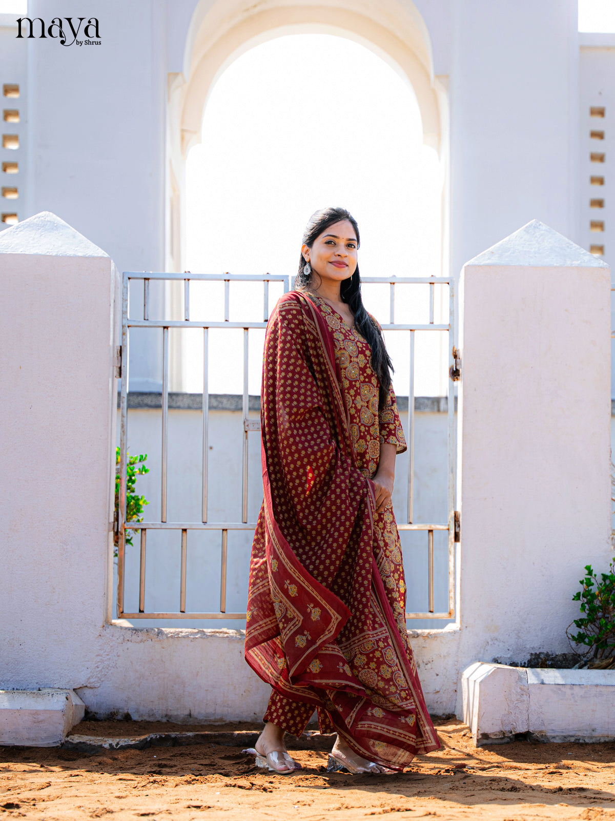 Maroon Cotton 3pc Salwar Suit with Ajrakh Print - Top, Bottom & Dupatta