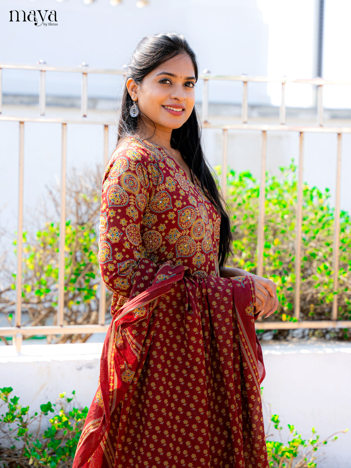 Maroon Cotton 3pc Salwar Suit with Ajrakh Print - Top, Bottom & Dupatta