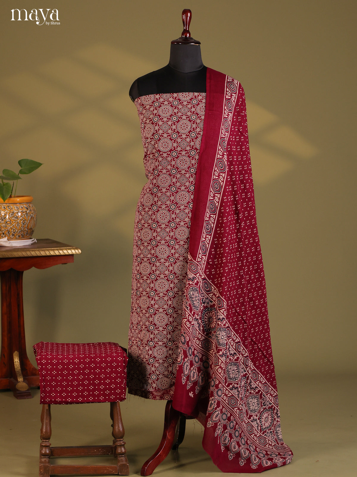 Maroon - Ajrakh Salwar Unstitch