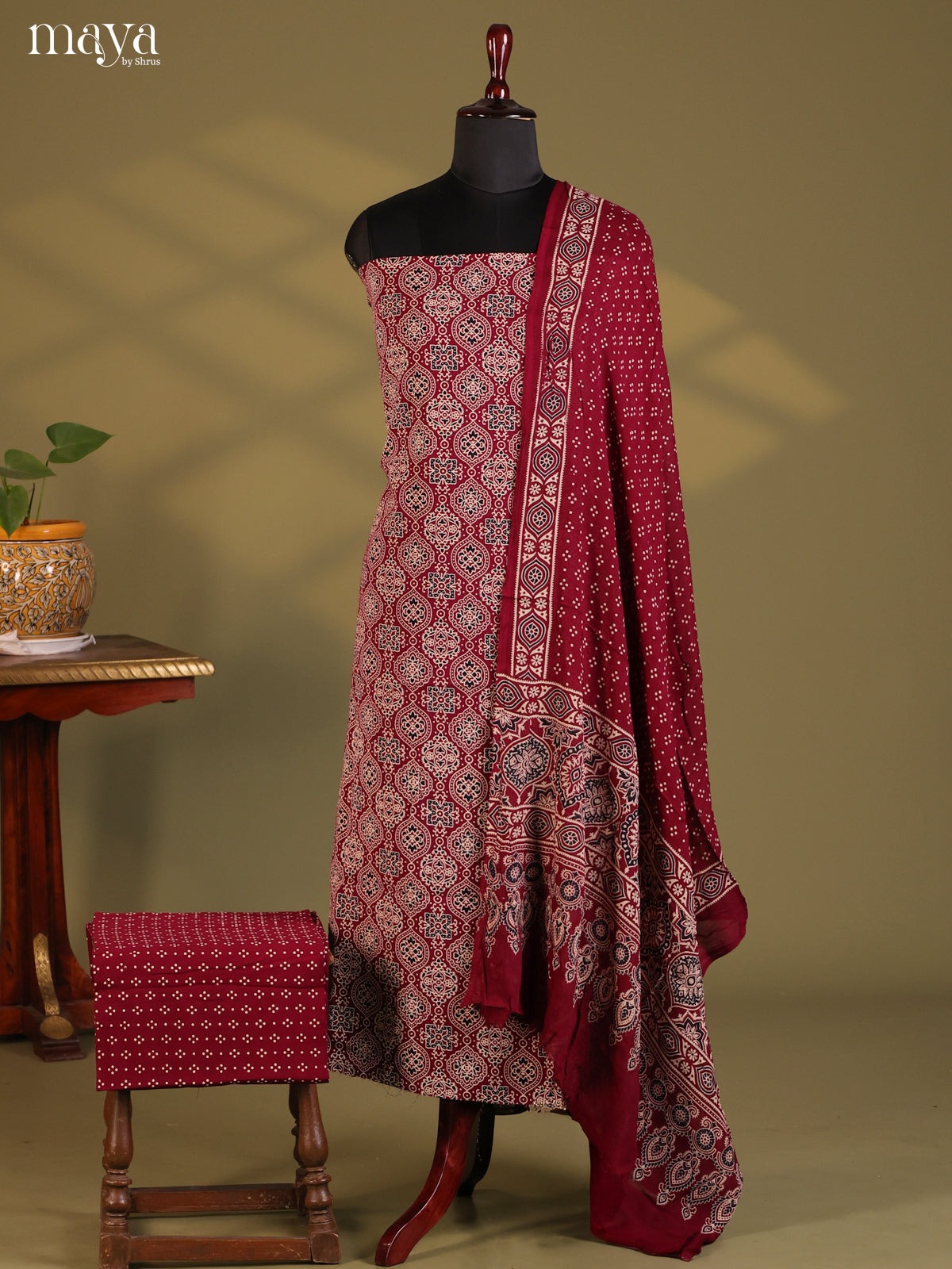 Maroon - Ajrakh Salwar Unstitch