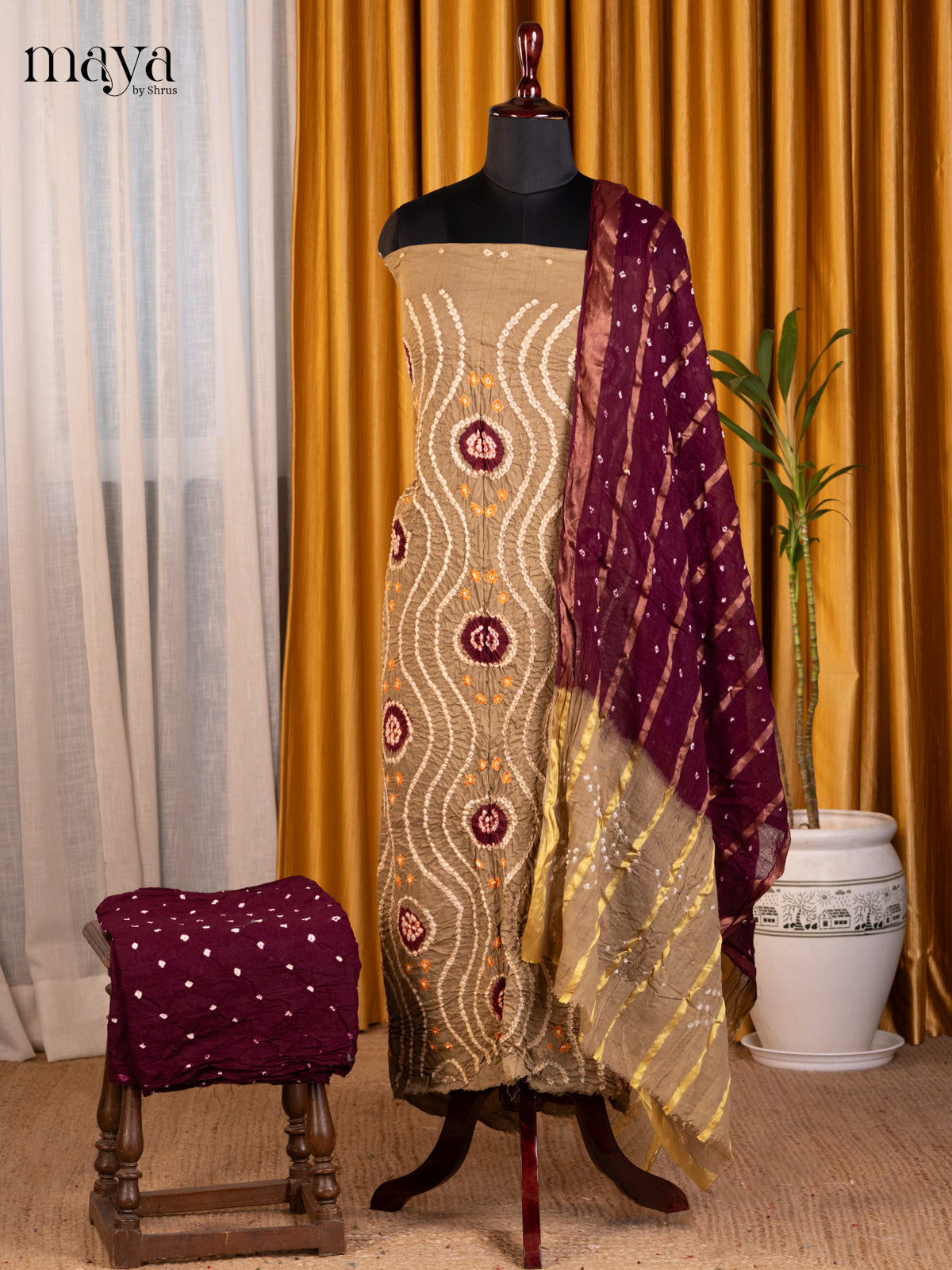 Beige & Wine - Bandhini salwar Unstitch